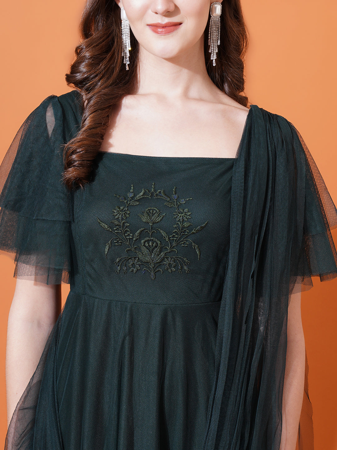 Women Green Square Neck Flared Sleeves Embroidered Net Maxi Fit & Flare Dress