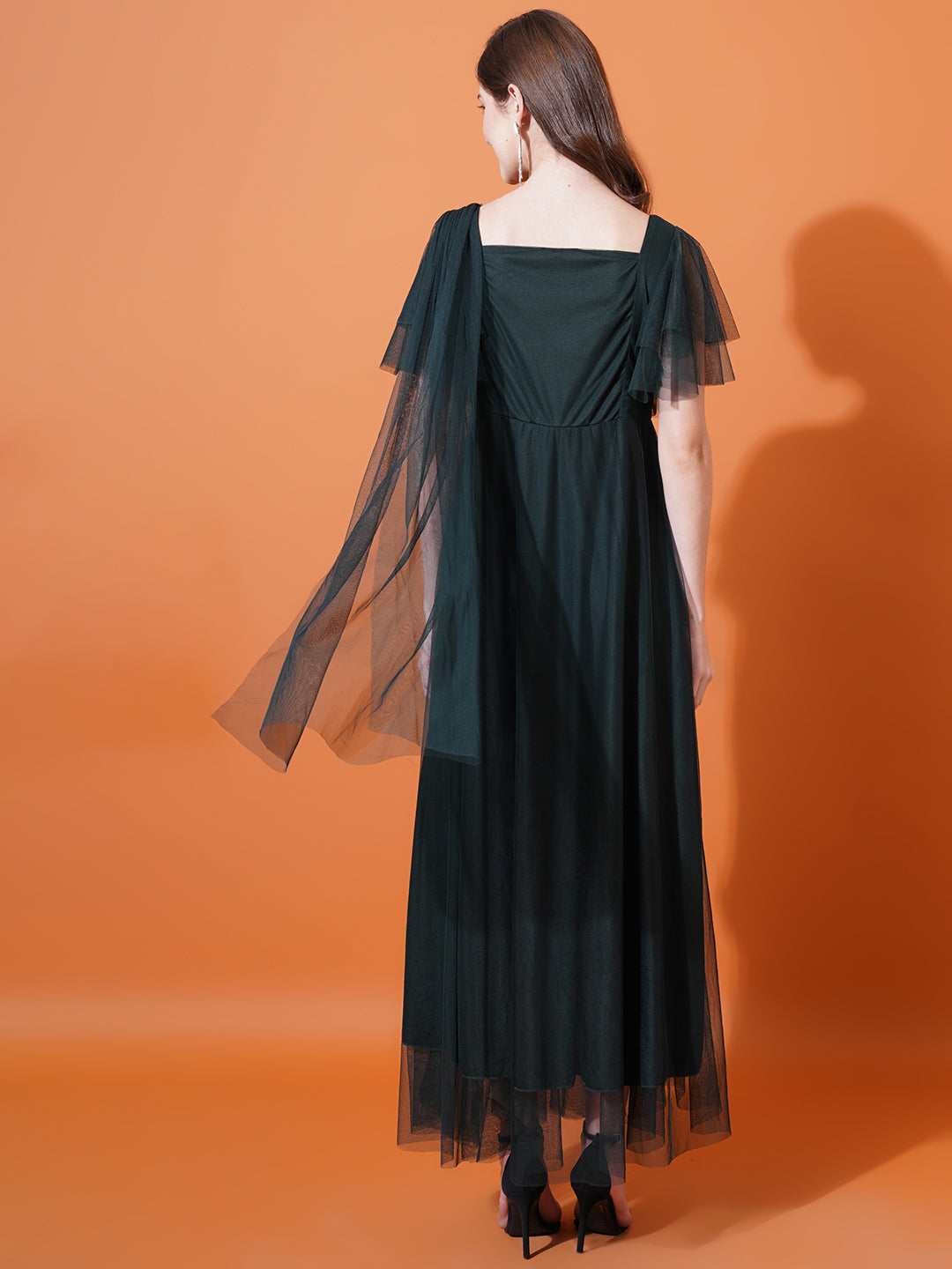 Women Green Square Neck Flared Sleeves Embroidered Net Maxi Fit & Flare Dress