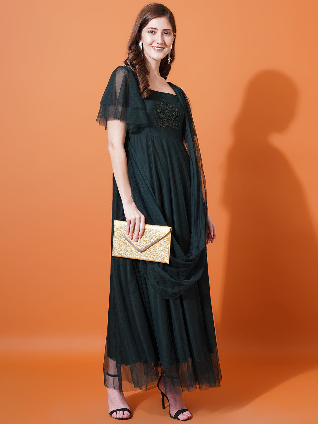 Women Green Square Neck Flared Sleeves Embroidered Net Maxi Fit & Flare Dress