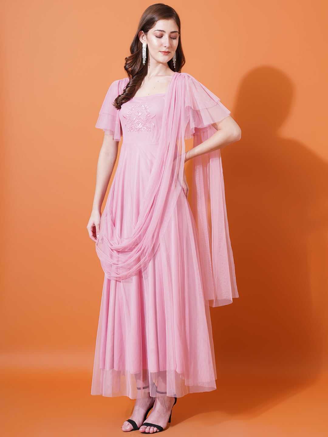 Women Pink Square Neck Net Maxi Dress