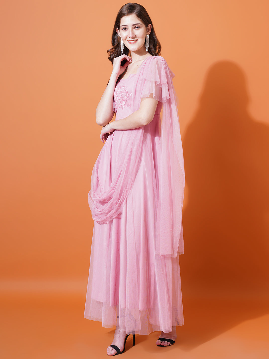 Women Pink Square Neck Net Maxi Dress