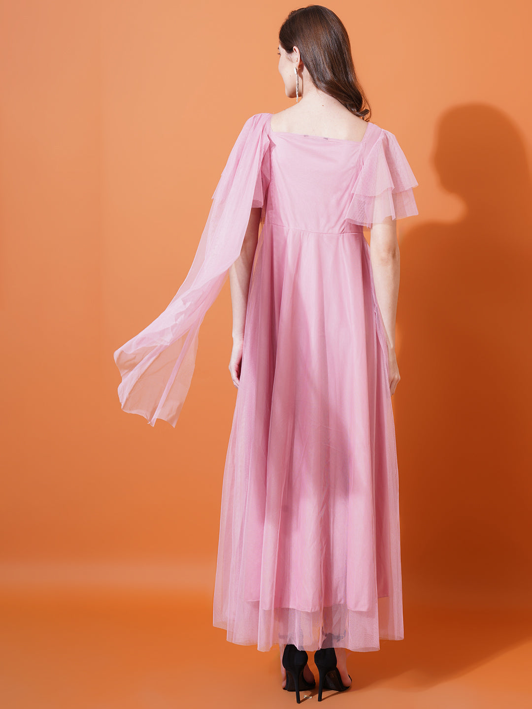 Women Pink Square Neck Net Maxi Dress