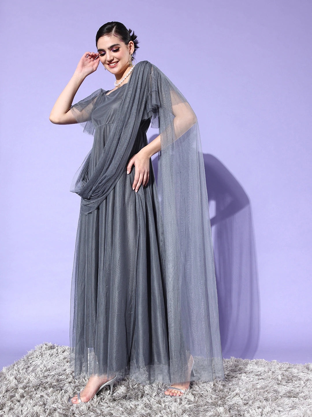 Women Grey Solid Net Maxi Dress