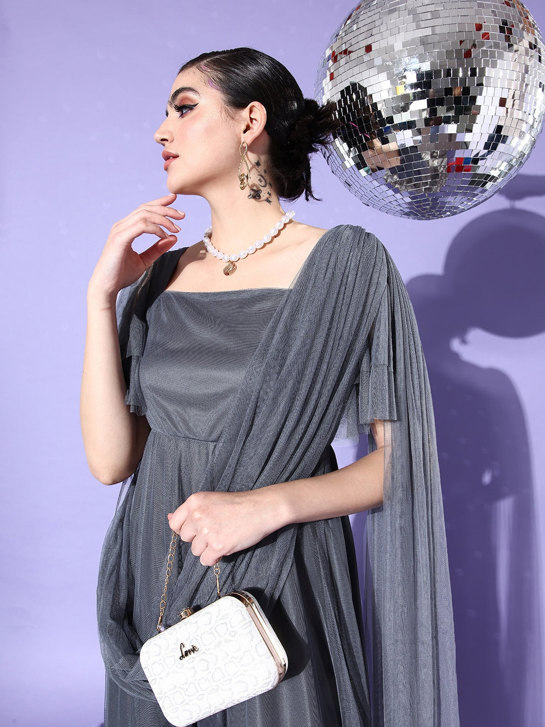 Women Grey Solid Net Maxi Dress