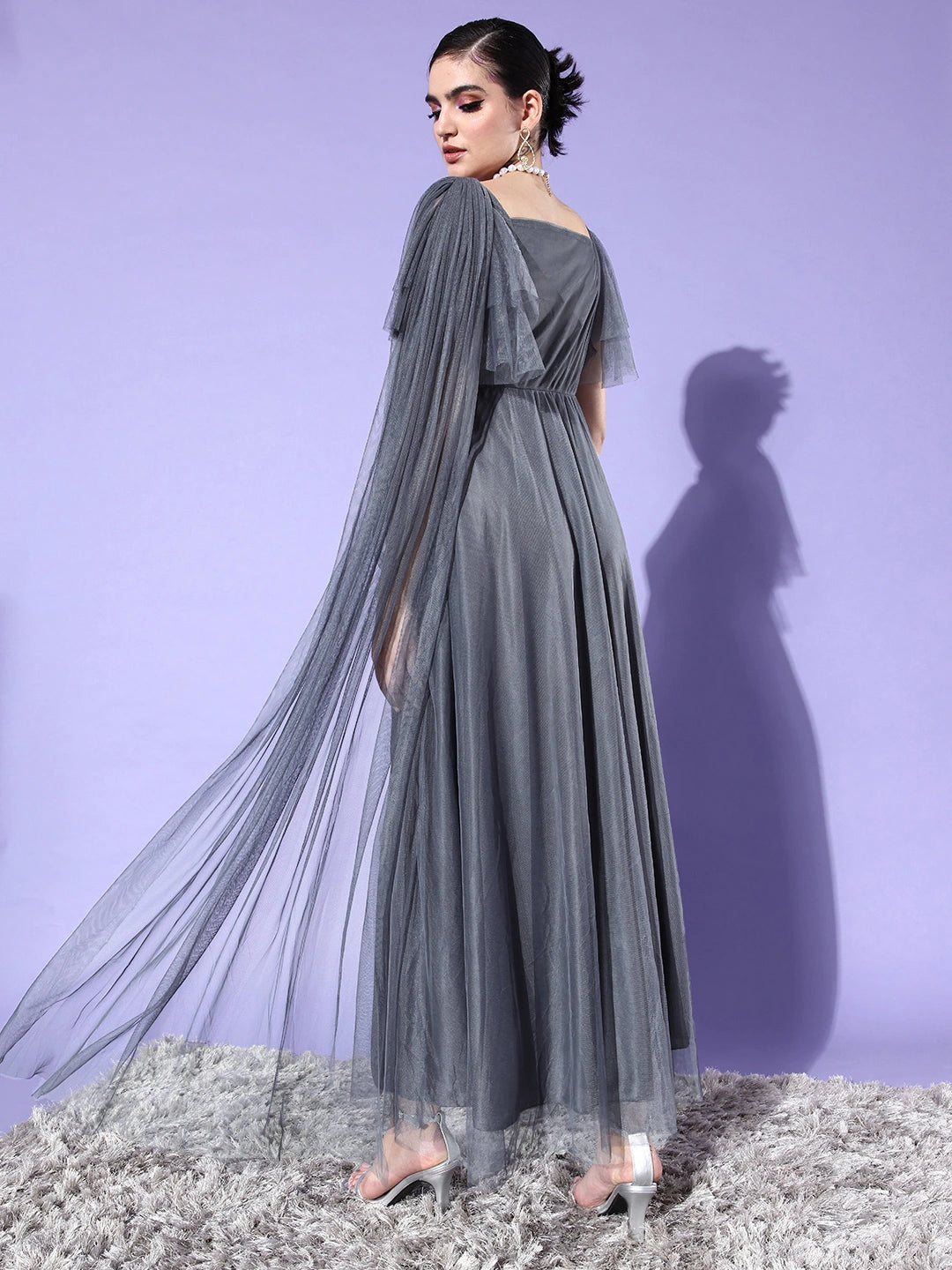 Women Grey Solid Net Maxi Dress
