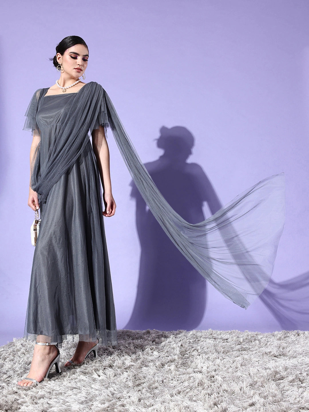 Women Grey Solid Net Maxi Dress