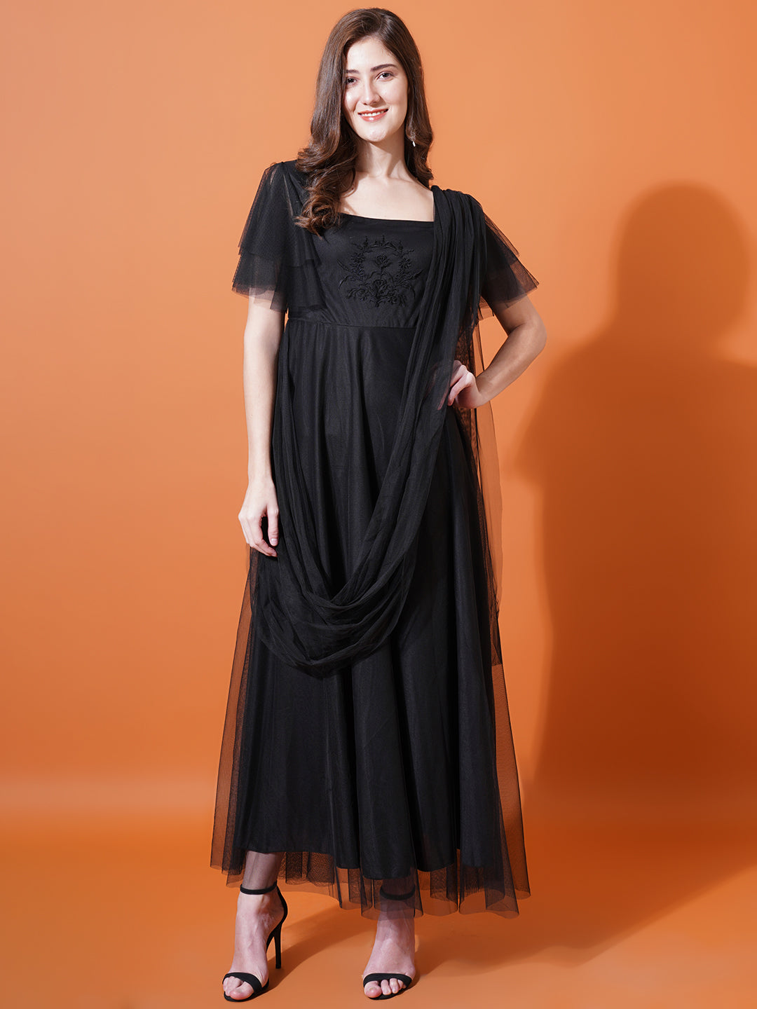Women Black Square Neck Flared Sleeves Embroidered Net Maxi Fit & Flare Dress