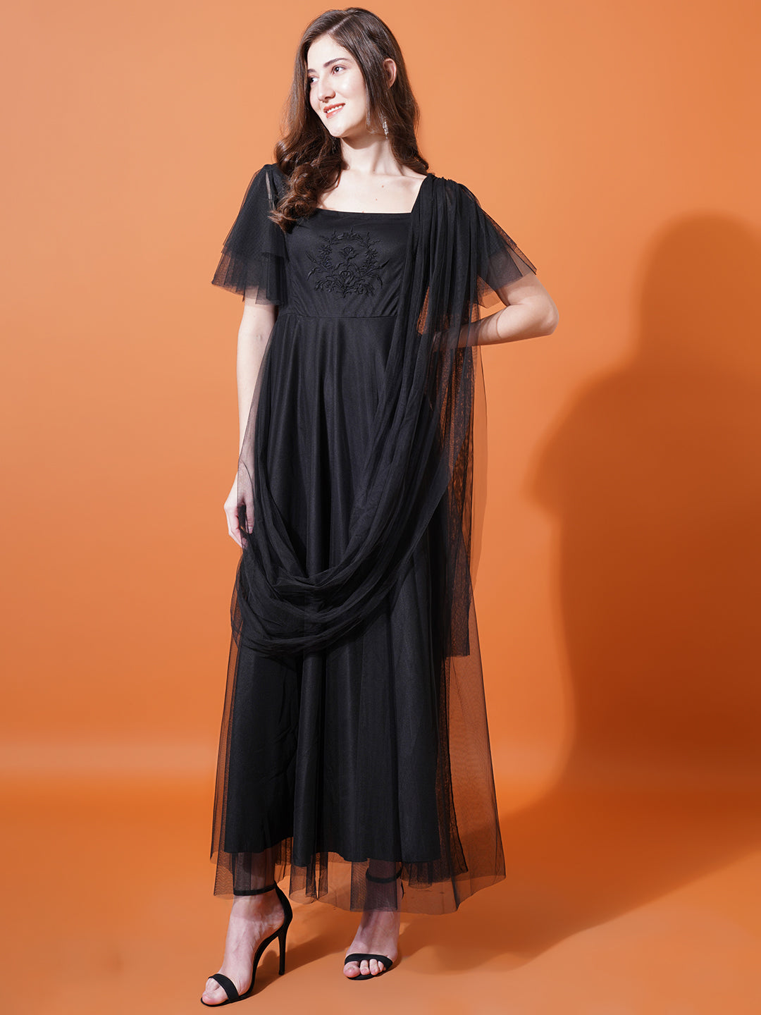 Women Black Square Neck Flared Sleeves Embroidered Net Maxi Fit & Flare Dress