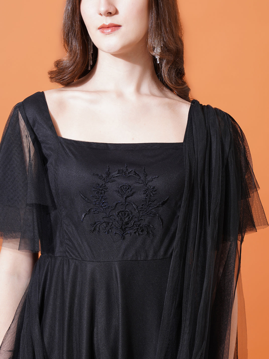 Women Black Square Neck Flared Sleeves Embroidered Net Maxi Fit & Flare Dress