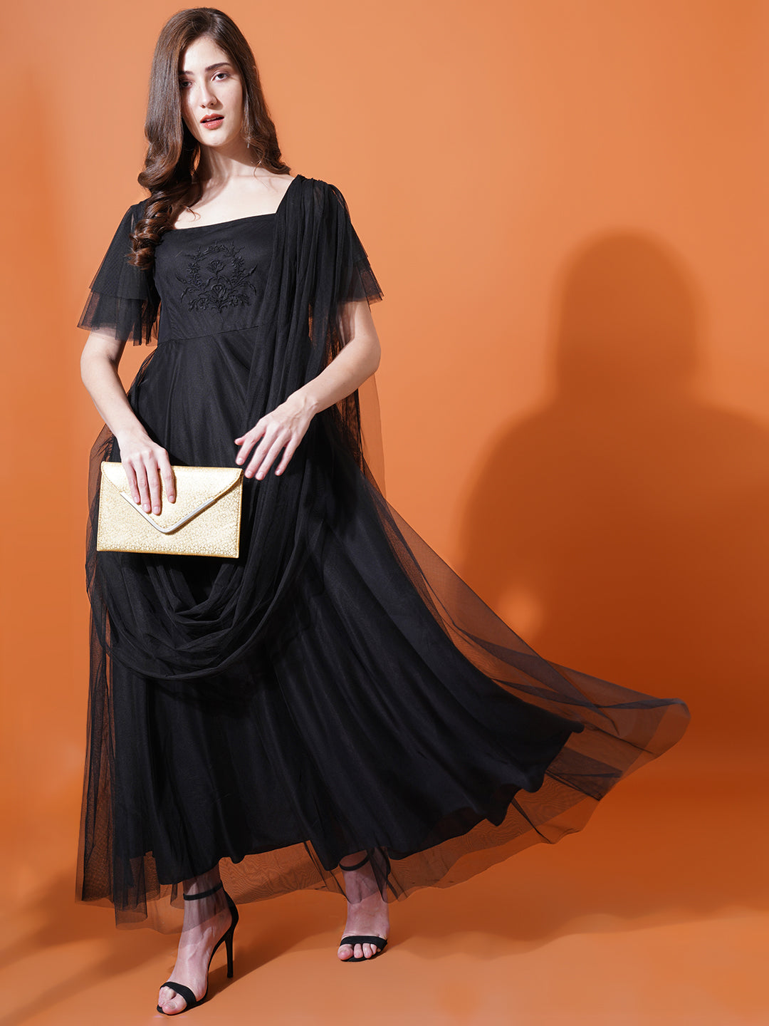 Women Black Square Neck Flared Sleeves Embroidered Net Maxi Fit & Flare Dress