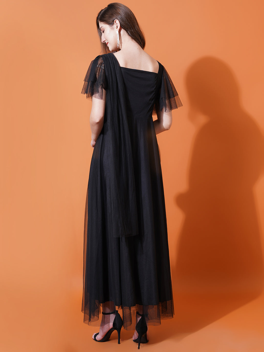 Women Black Square Neck Flared Sleeves Embroidered Net Maxi Fit & Flare Dress