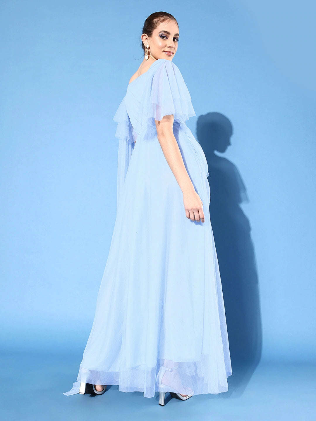 Women Turquoise Blue Net Maxi Dress