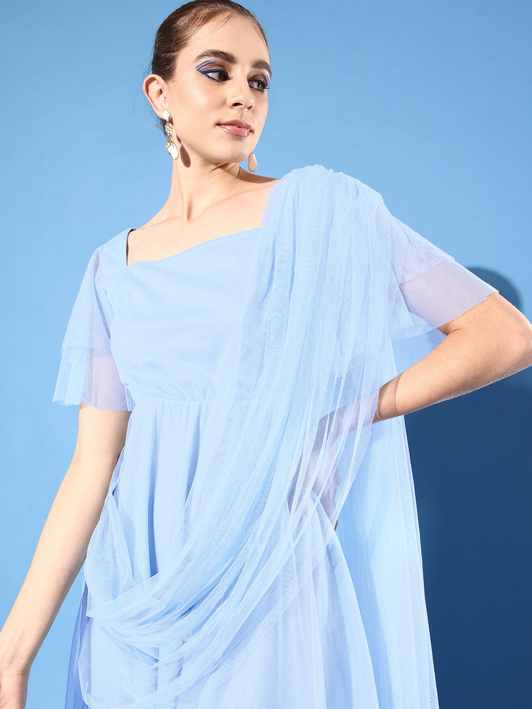 Women Turquoise Blue Net Maxi Dress