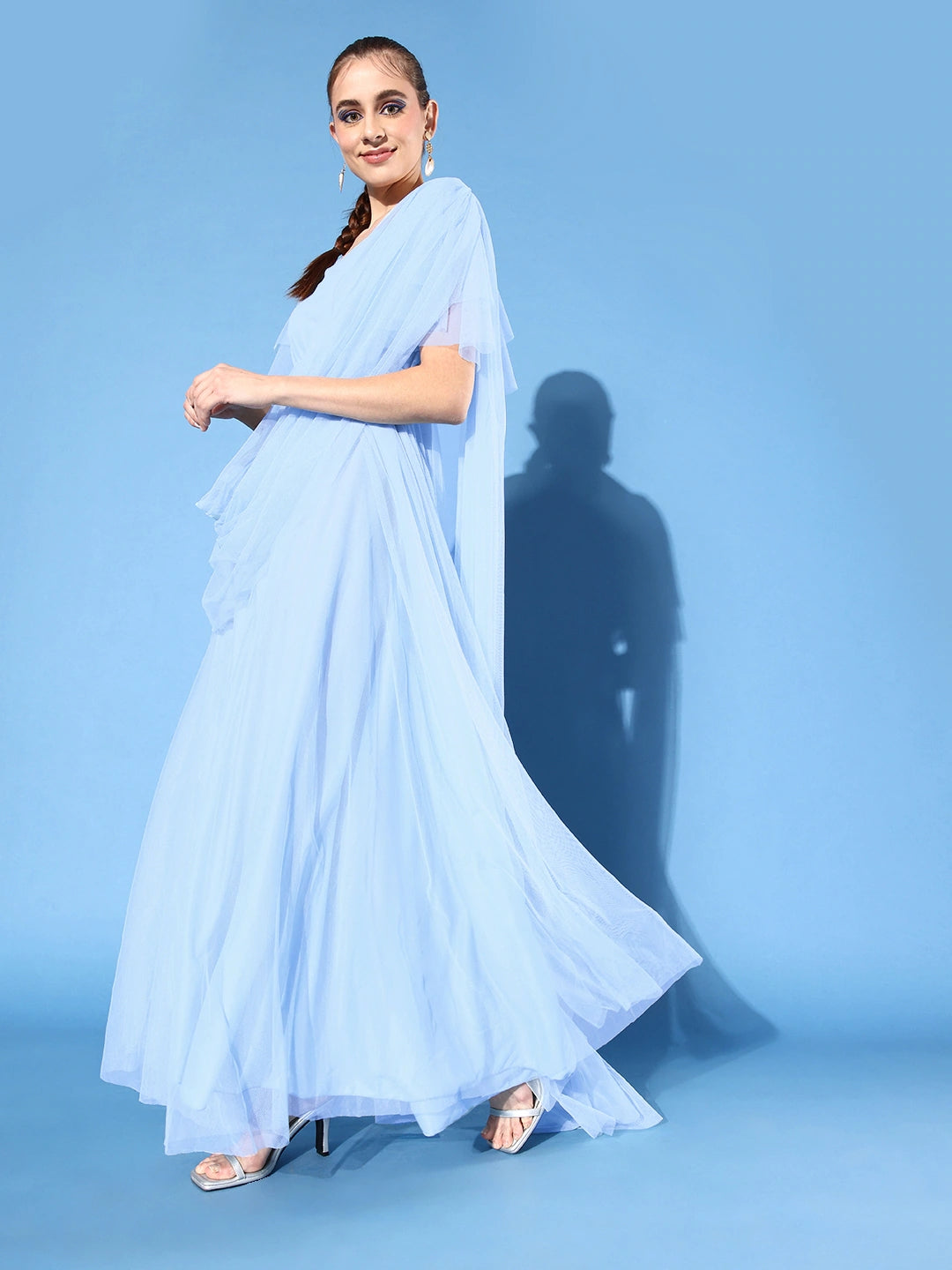 Women Turquoise Blue Net Maxi Dress