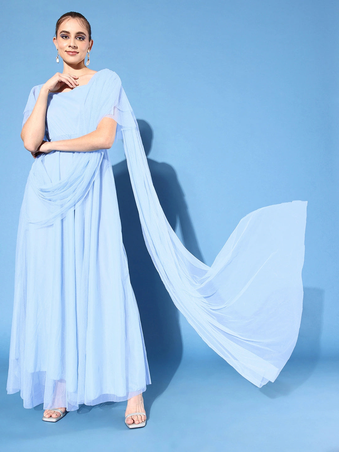 Women Turquoise Blue Net Maxi Dress