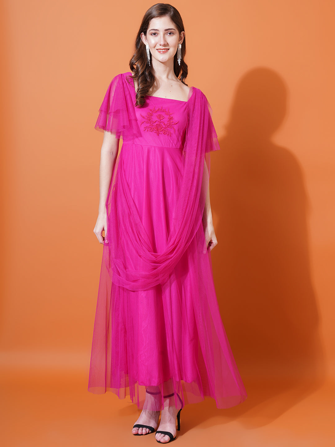 Women Magenta Square Neck Flared Sleeves Embroidered Net Maxi Fit & Flare Dress