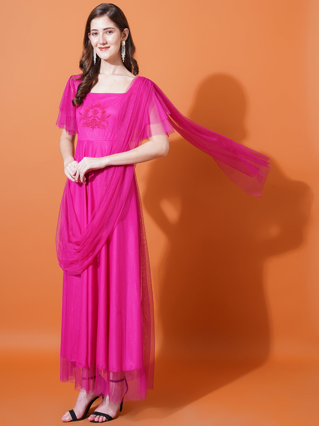 Women Magenta Square Neck Flared Sleeves Embroidered Net Maxi Fit & Flare Dress