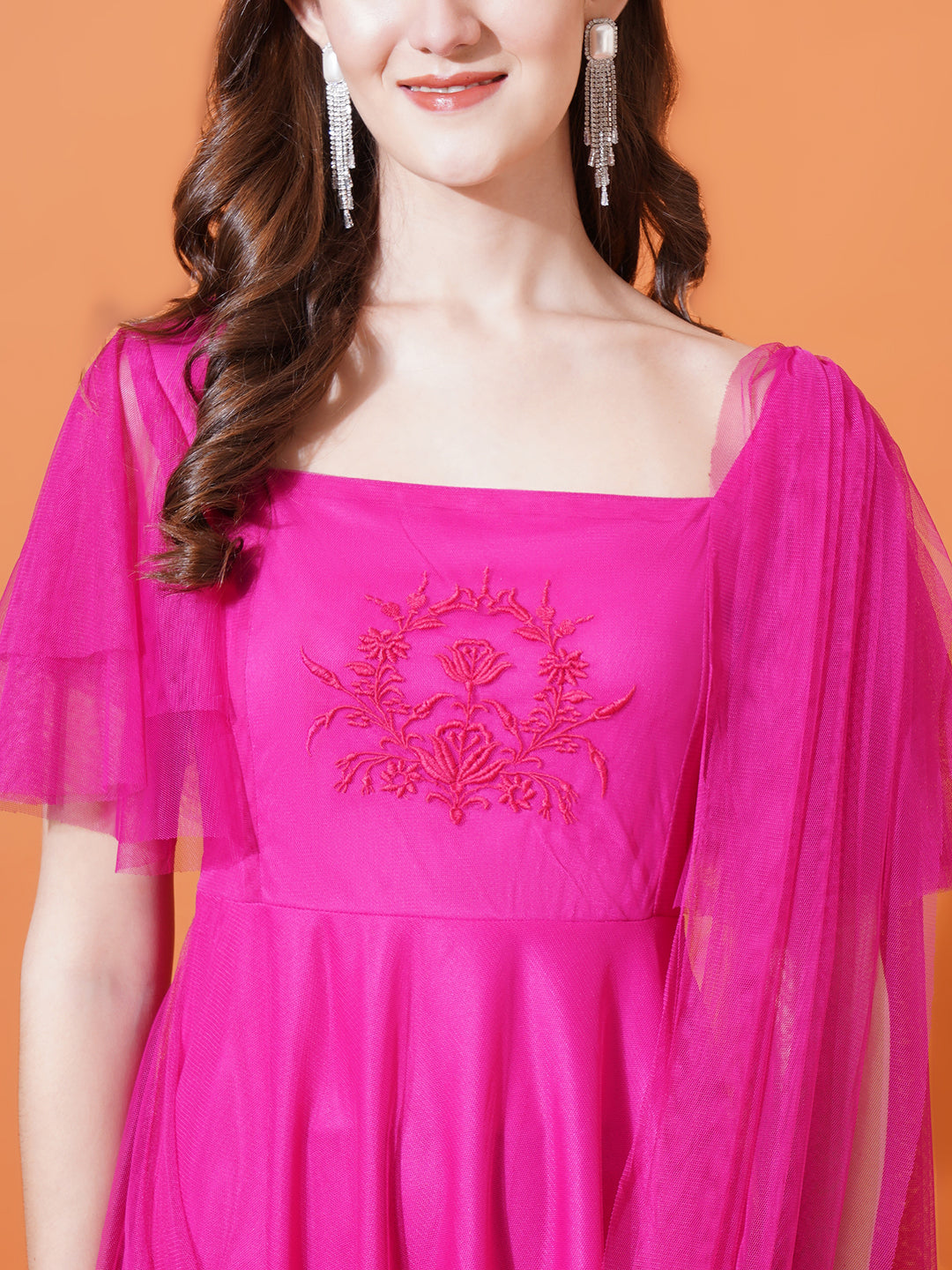 Women Magenta Square Neck Flared Sleeves Embroidered Net Maxi Fit & Flare Dress