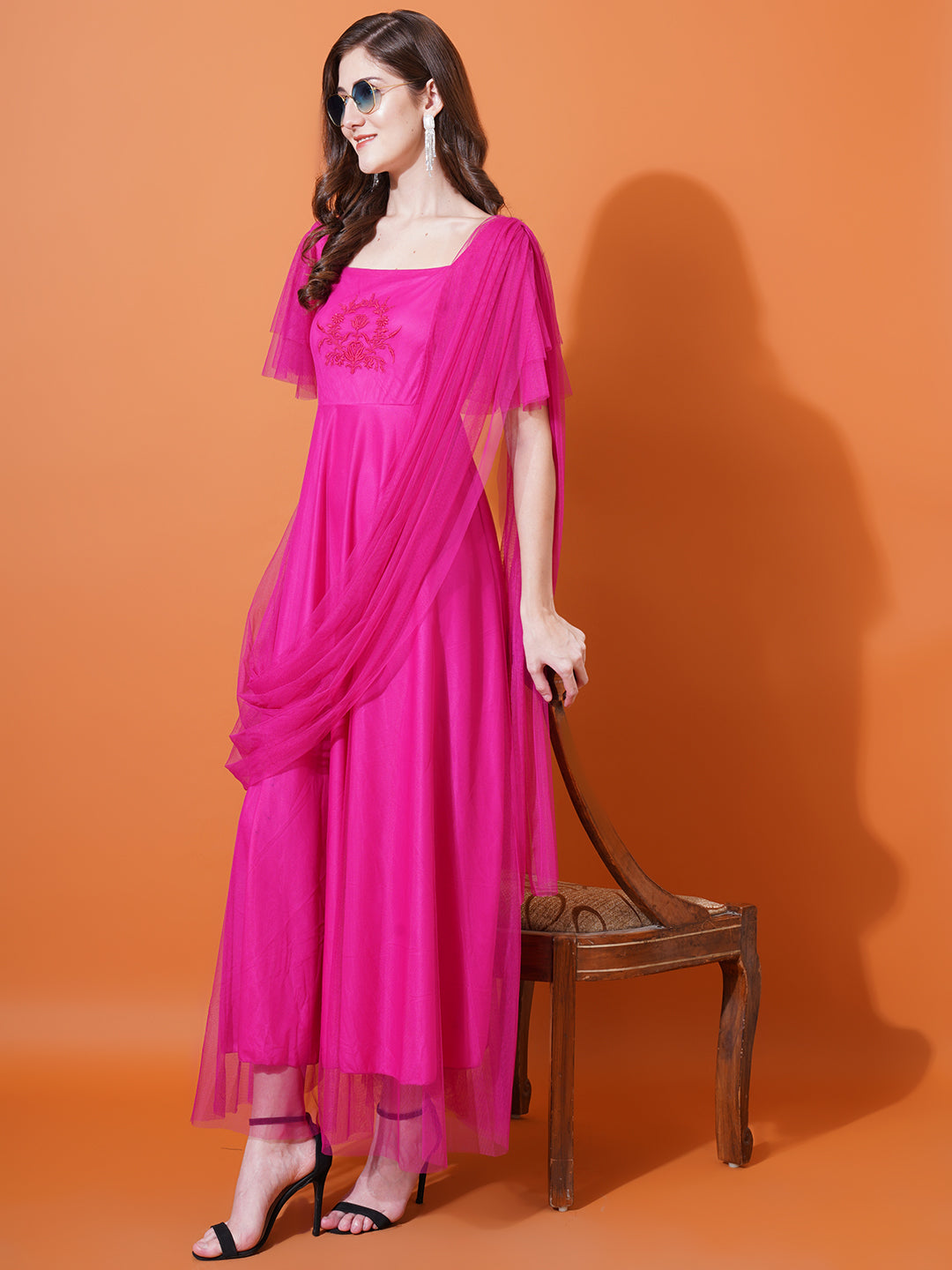 Women Magenta Square Neck Flared Sleeves Embroidered Net Maxi Fit & Flare Dress