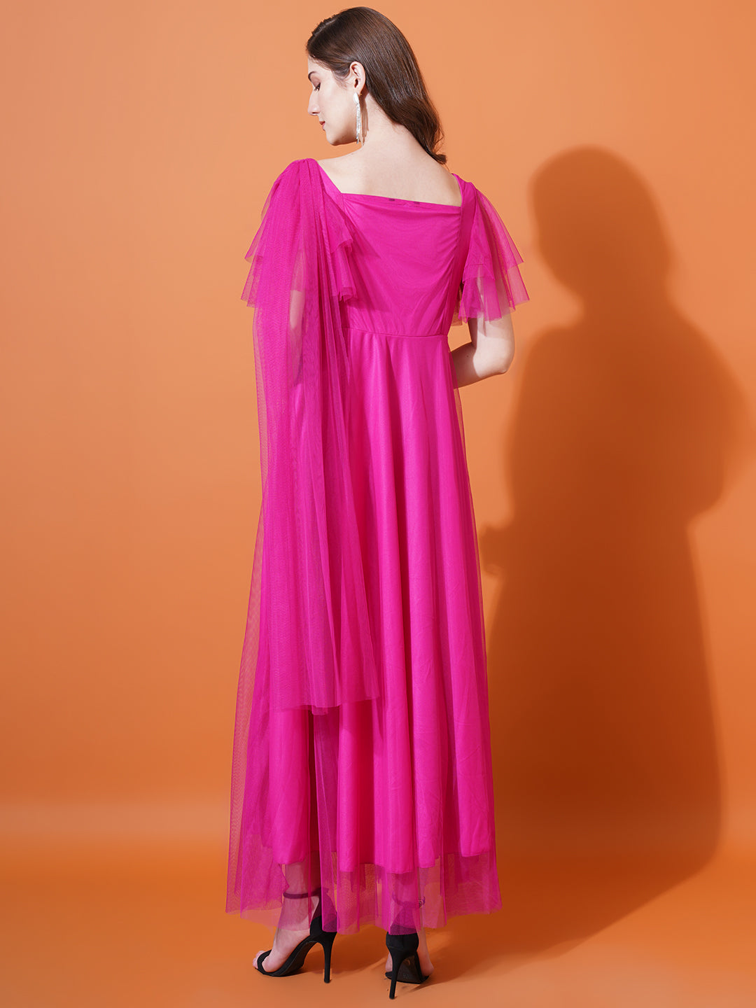 Women Magenta Square Neck Flared Sleeves Embroidered Net Maxi Fit & Flare Dress