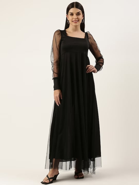Women Net Puff Sleeves Square Neck Maxi Dress - Main Image