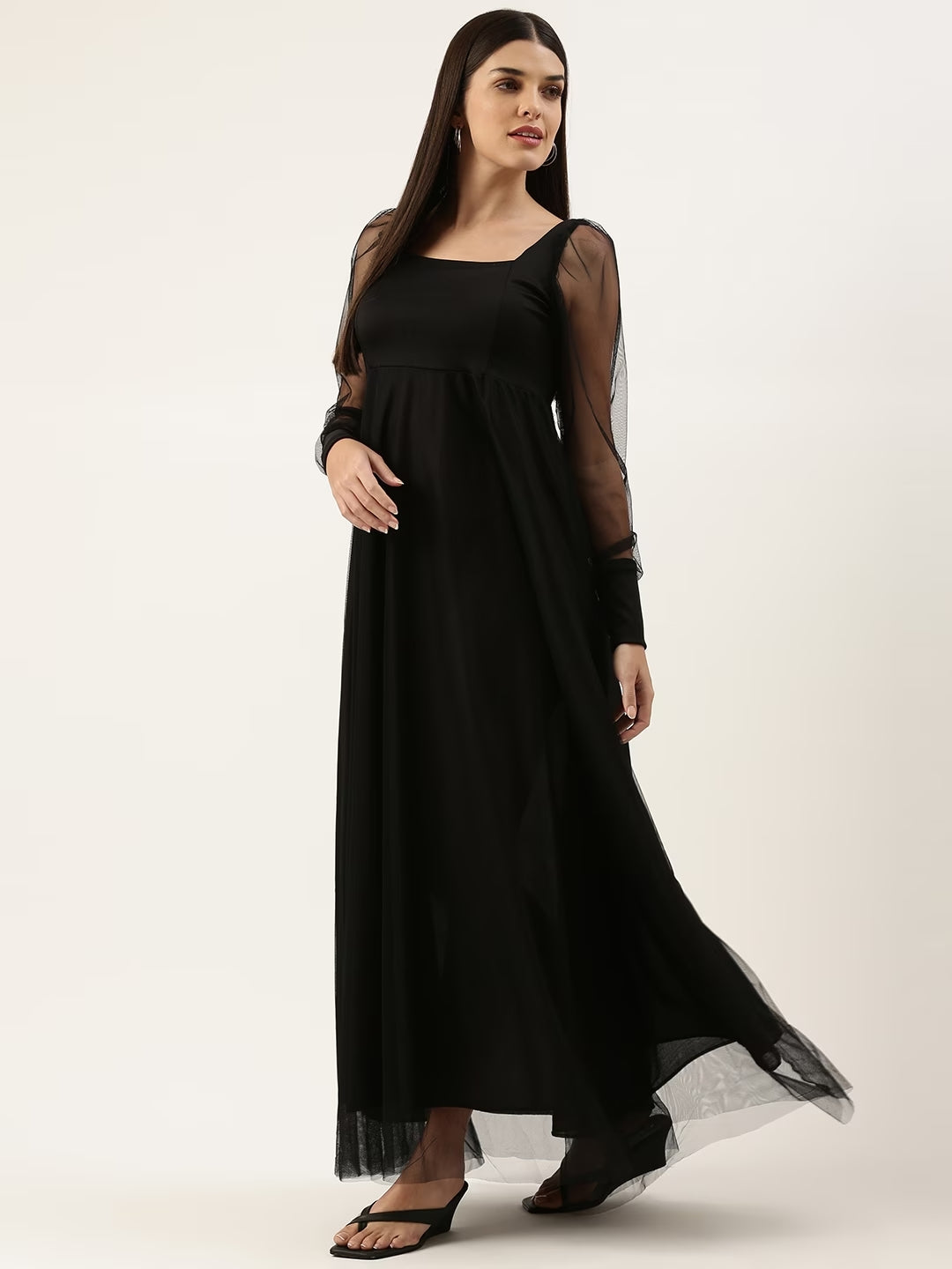 Women Net Puff Sleeves Square Neck Maxi Dress
