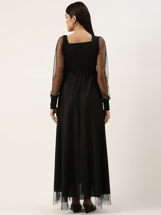 Women Net Puff Sleeves Square Neck Maxi Dress