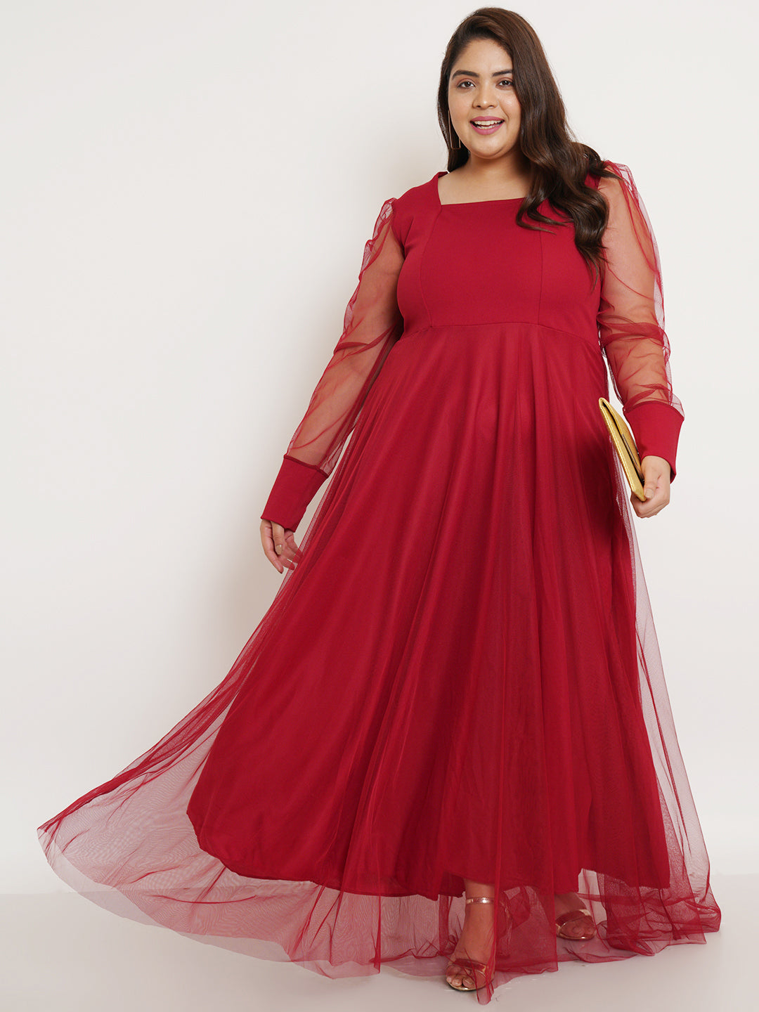 Women Plus Size Maroon Net Maxi Dress