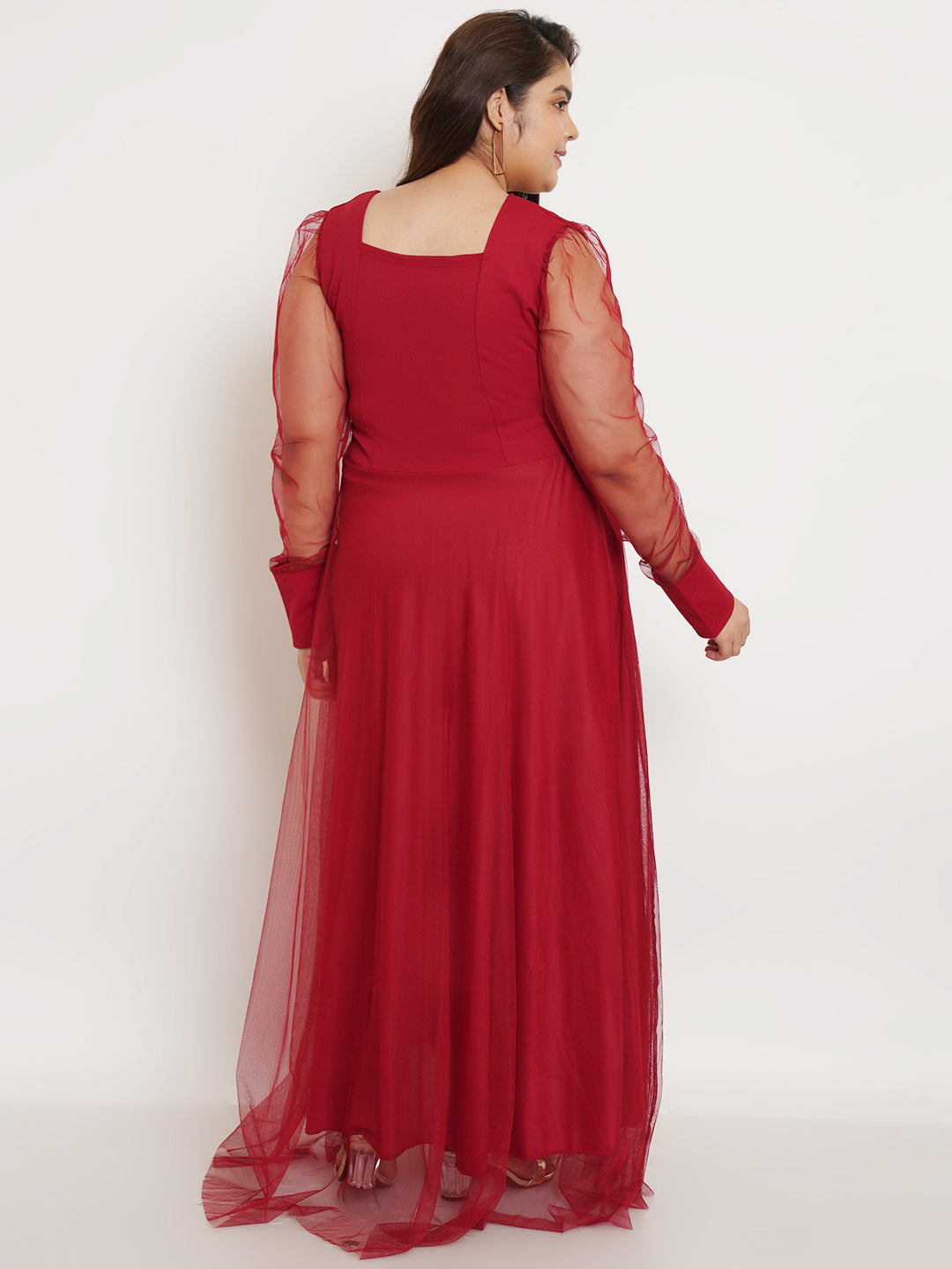 Women Plus Size Maroon Net Maxi Dress