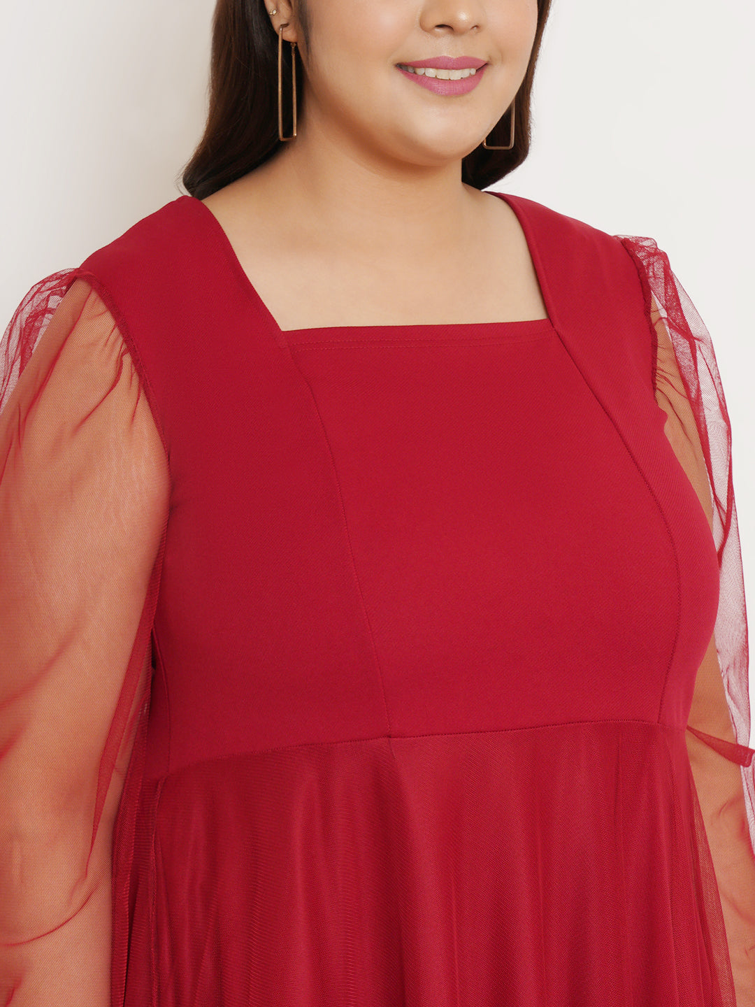 Women Plus Size Maroon Net Maxi Dress