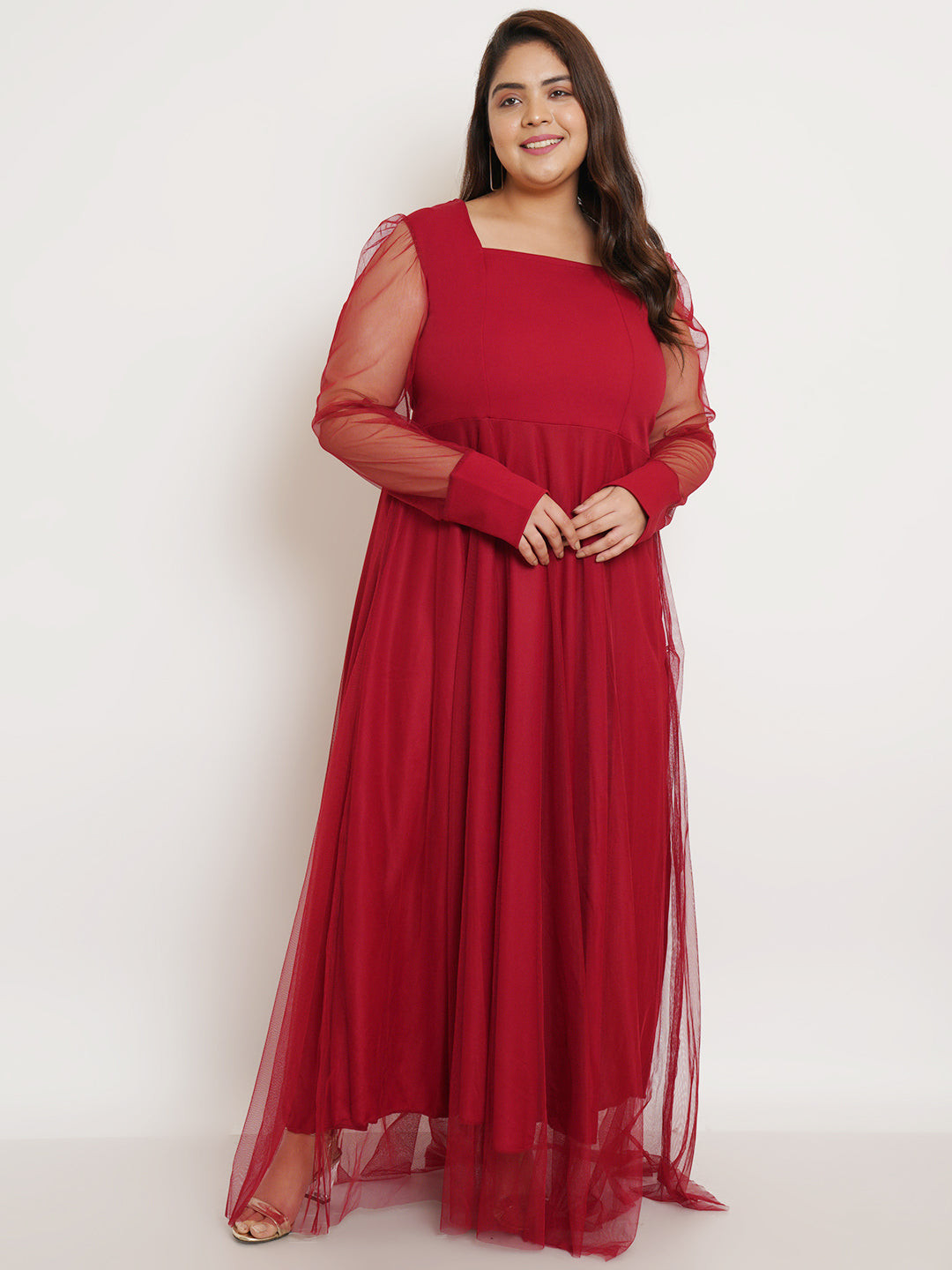 Women Plus Size Maroon Net Maxi Dress