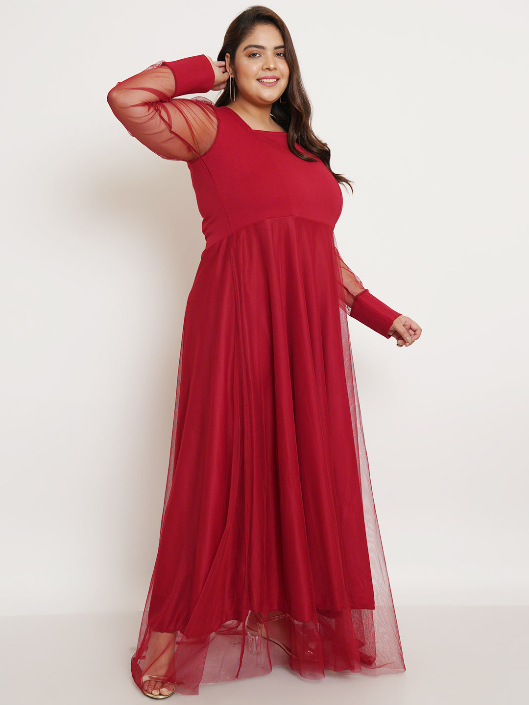Women Plus Size Maroon Net Maxi Dress