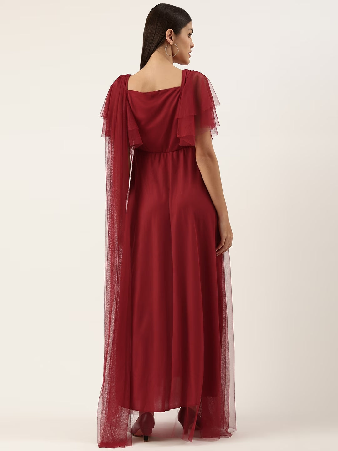 Women Maroon Net Flared Sleeves Maxi Dress