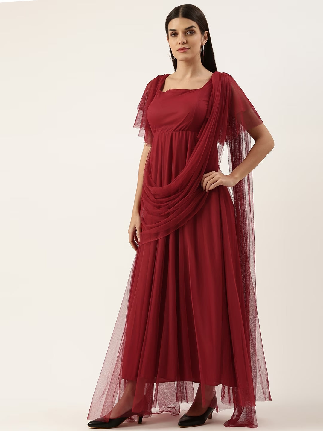 Women Maroon Net Flared Sleeves Maxi Dress