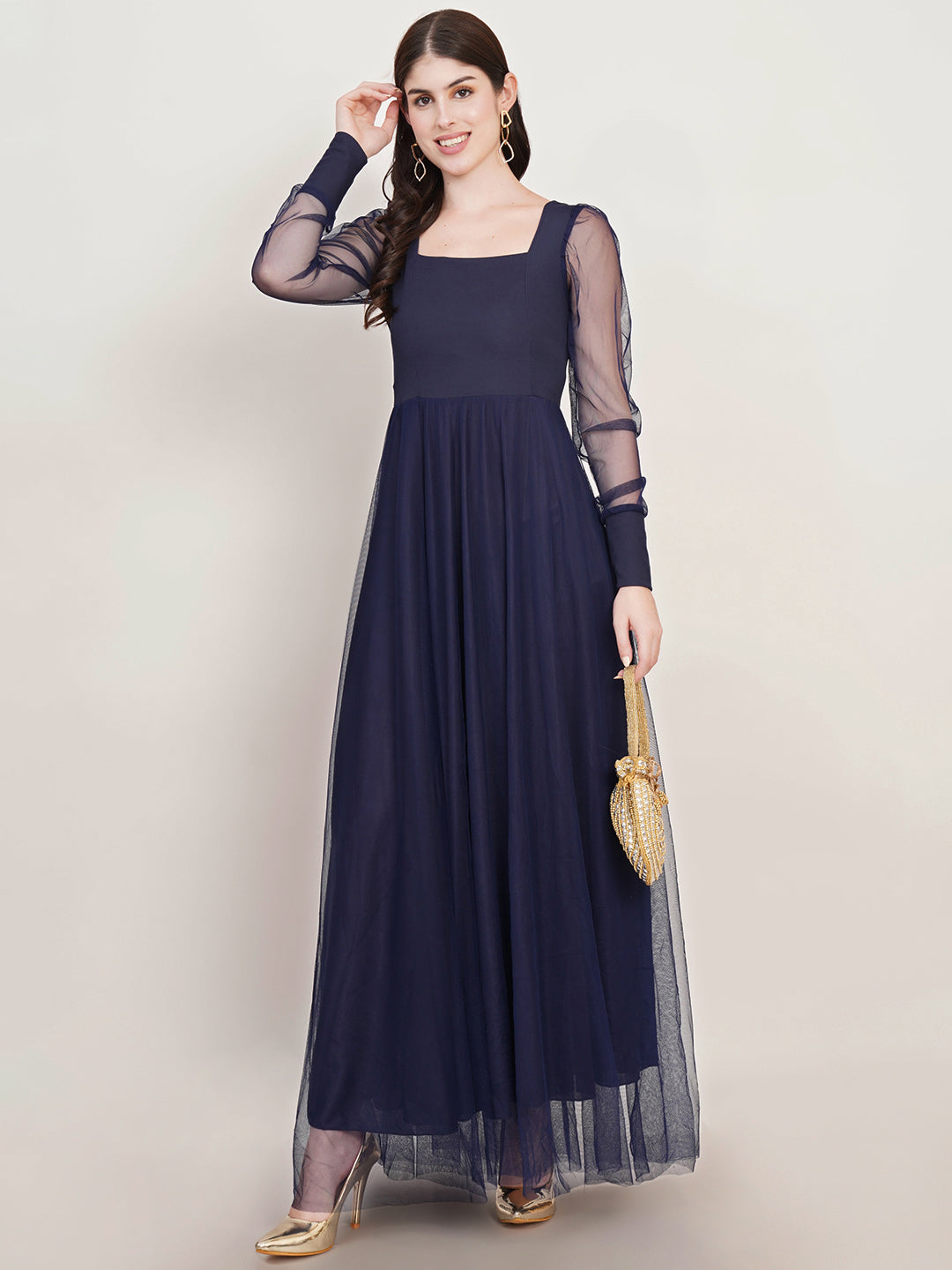 Women Square Neck Cuffed Sleeves Net Maxi Dress