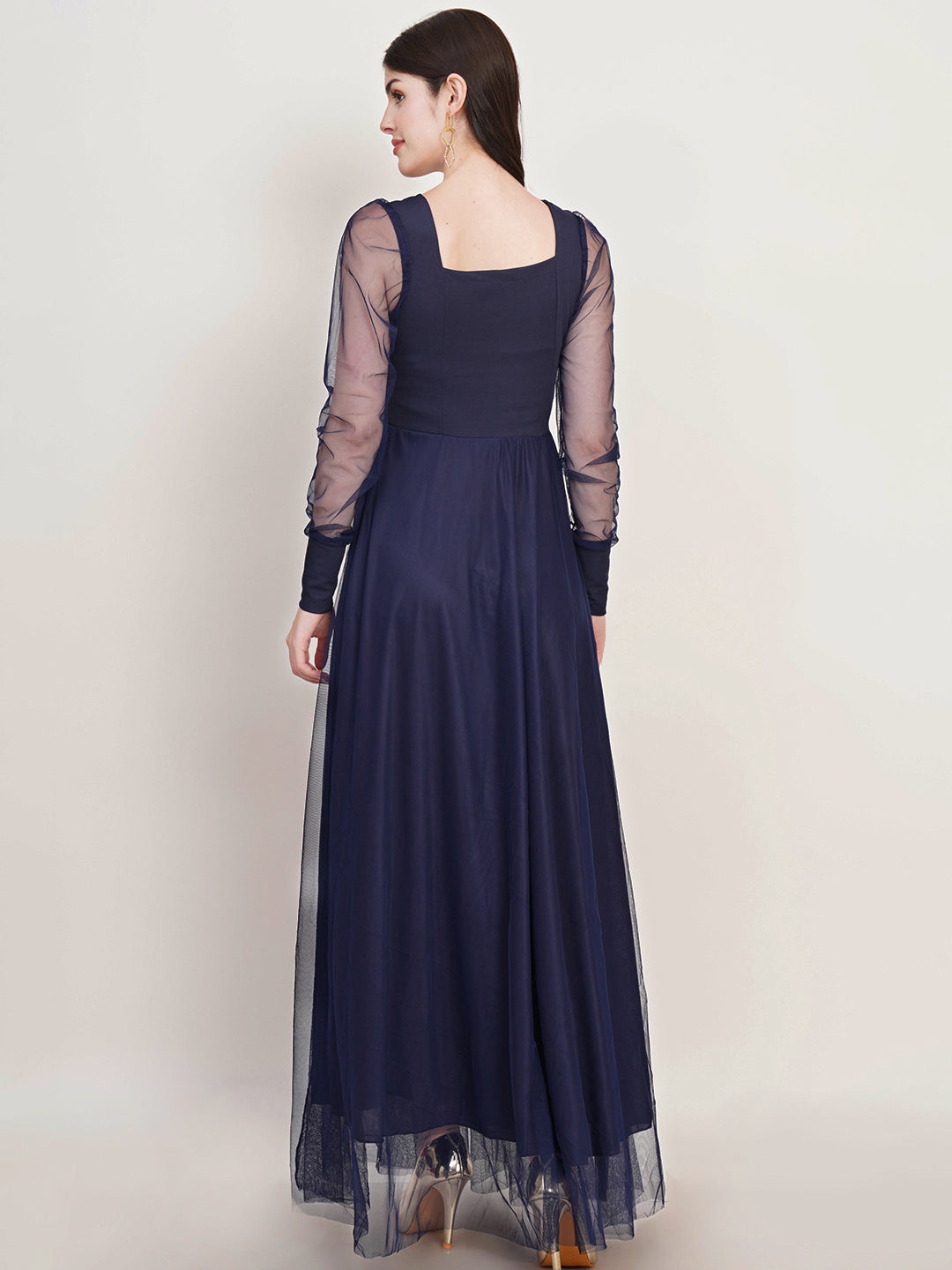 Women Square Neck Cuffed Sleeves Net Maxi Dress