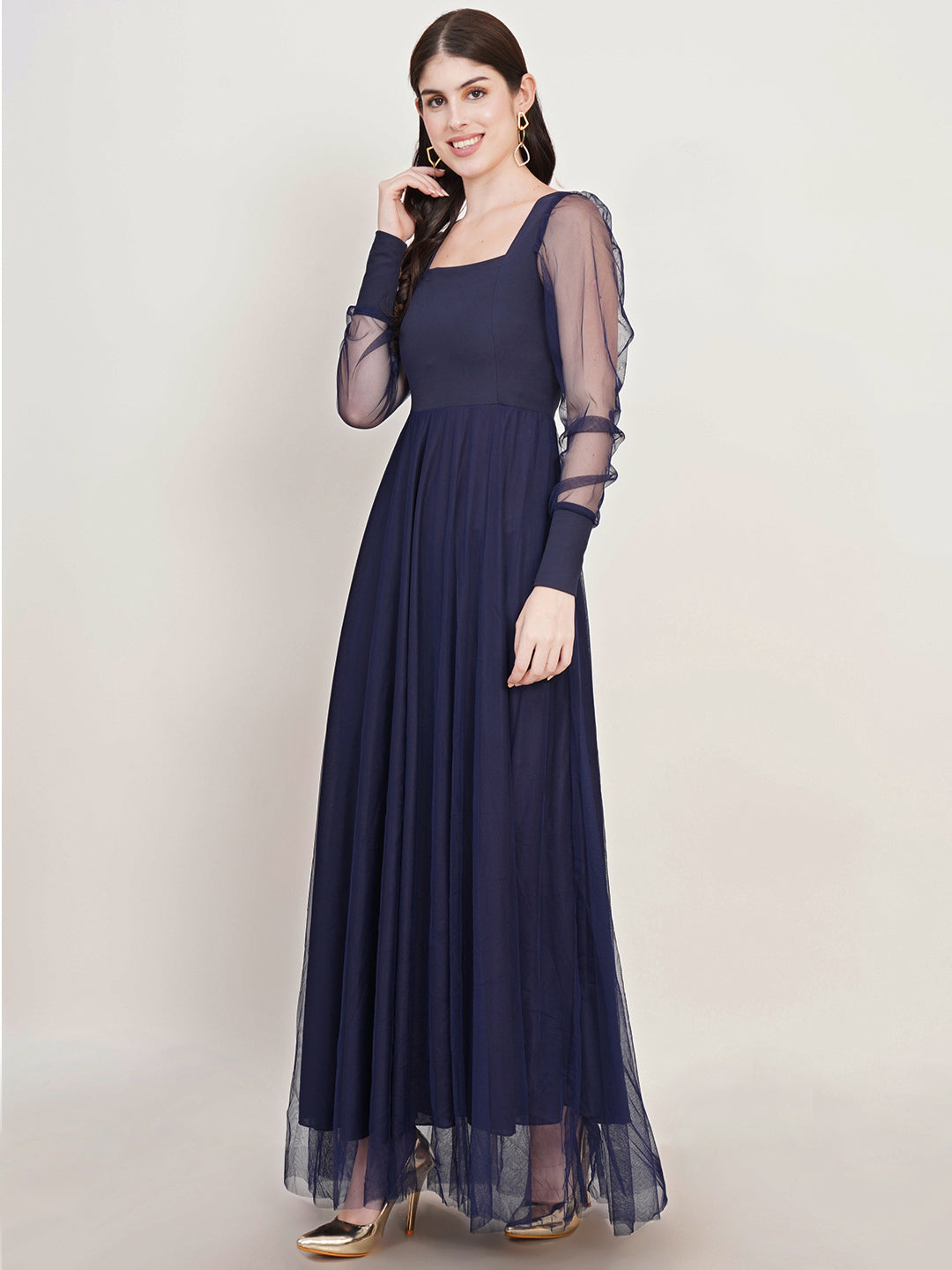 Women Square Neck Cuffed Sleeves Net Maxi Dress