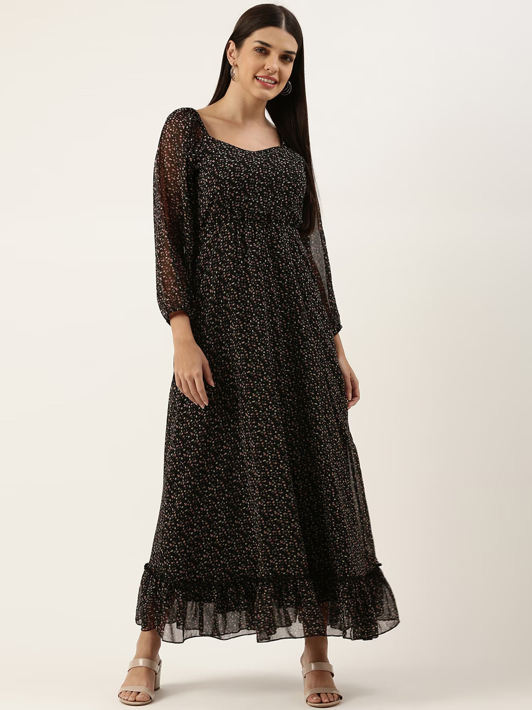 Women Floral Georgette Sweetheart Neck Puff Sleeves Tiered Maxi Dress