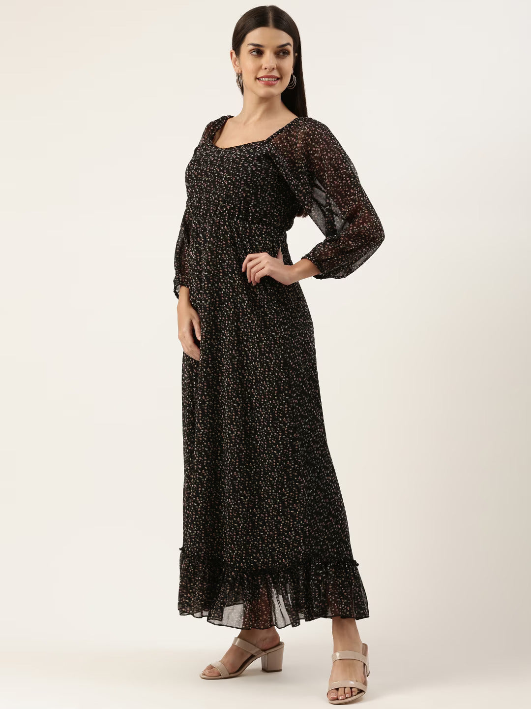 Women Floral Georgette Sweetheart Neck Puff Sleeves Tiered Maxi Dress