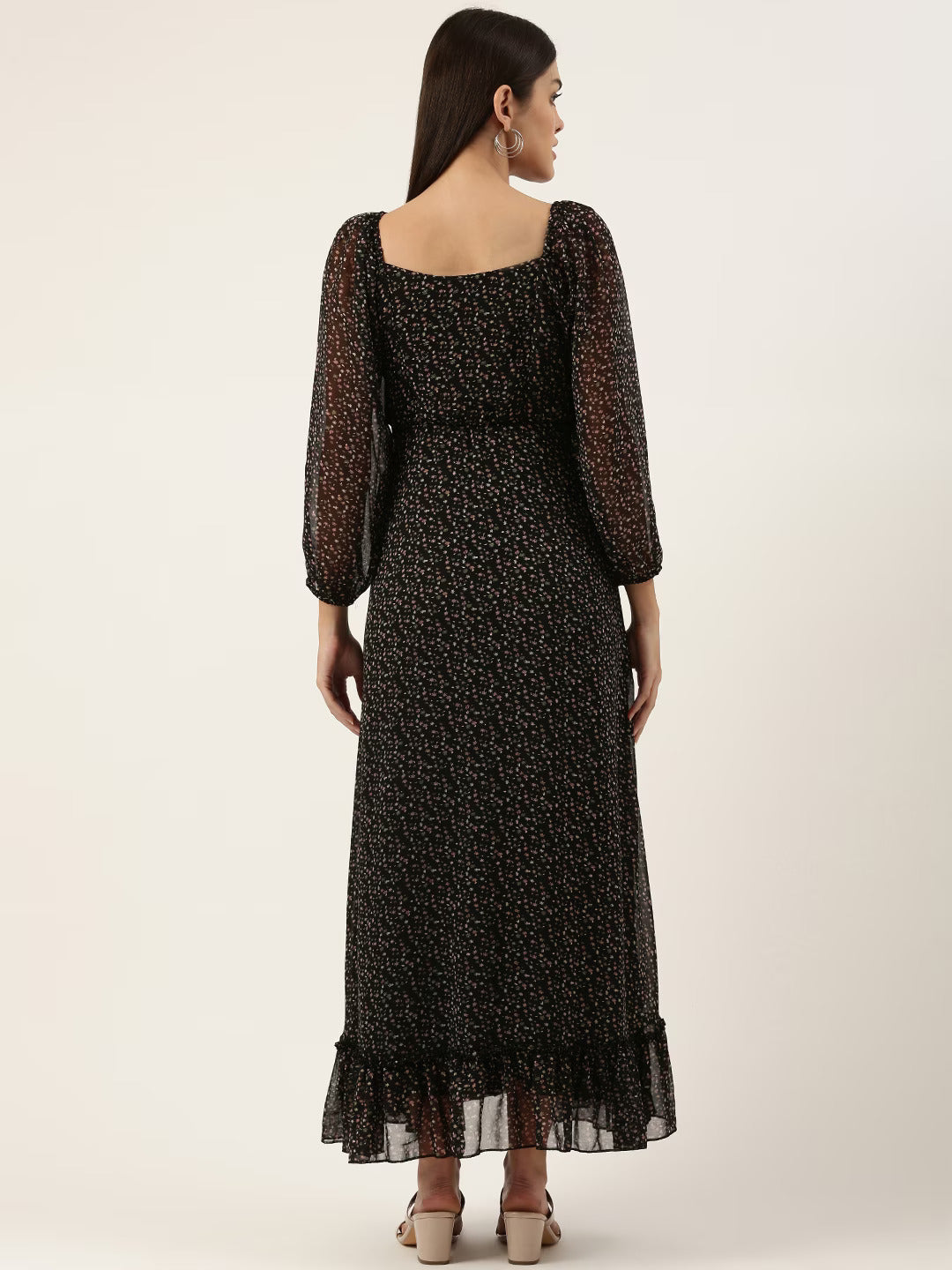 Women Floral Georgette Sweetheart Neck Puff Sleeves Tiered Maxi Dress