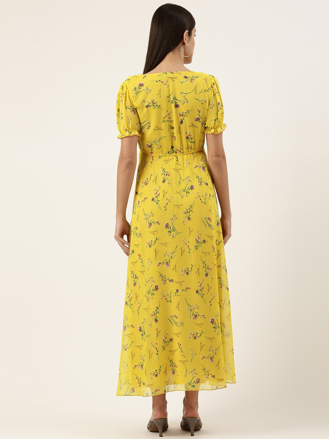Women Floral Georgette Puff Sleeves Maxi Dress