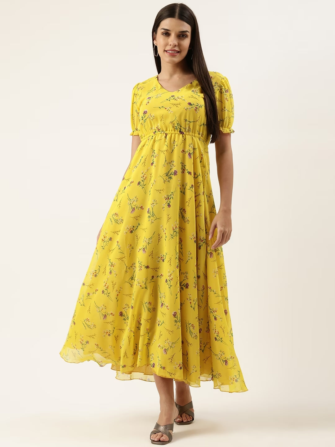 Women Floral Georgette Puff Sleeves Maxi Dress