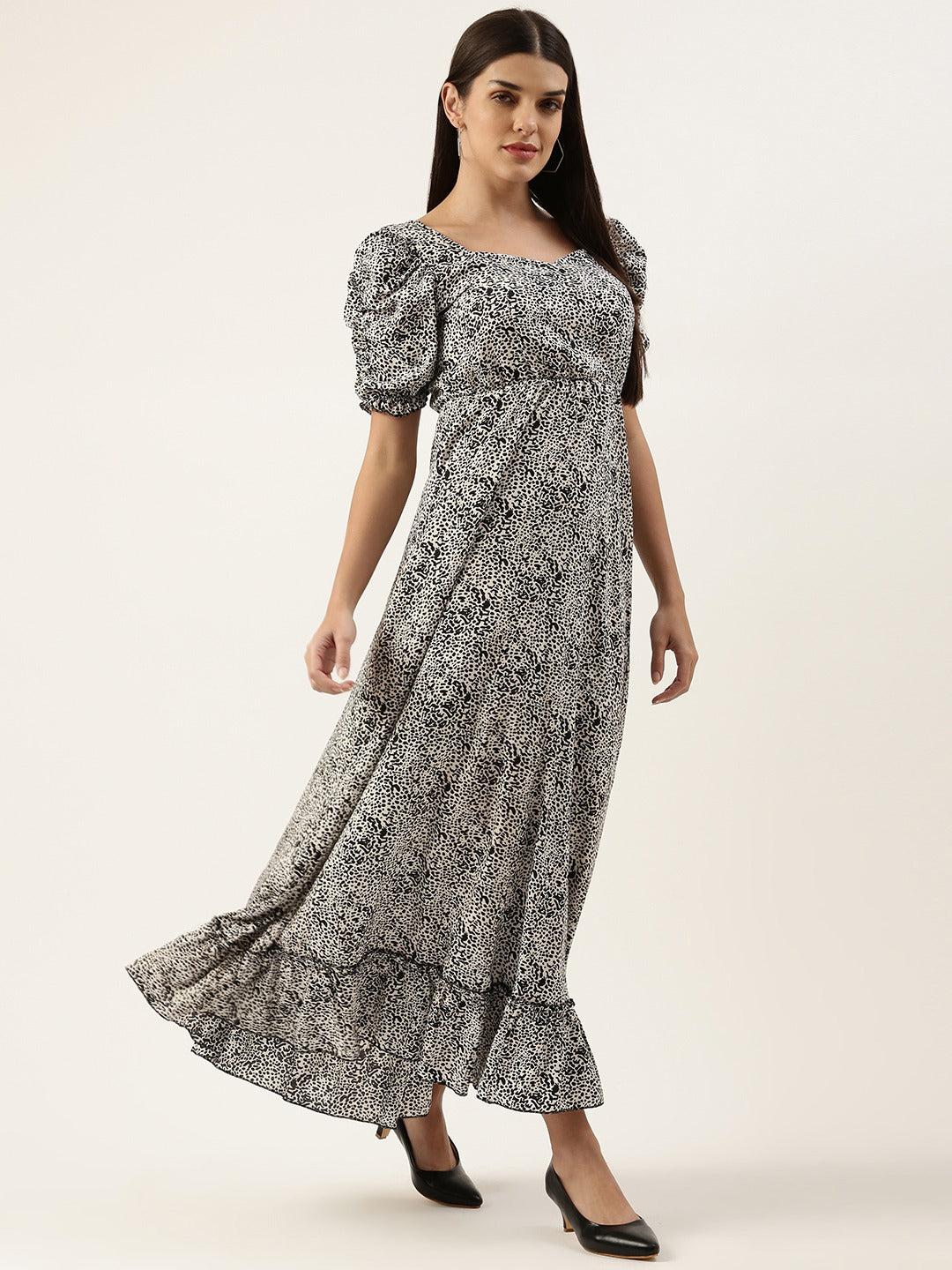 Women Crepe Puff Sleeves Tiered Maxi Dress