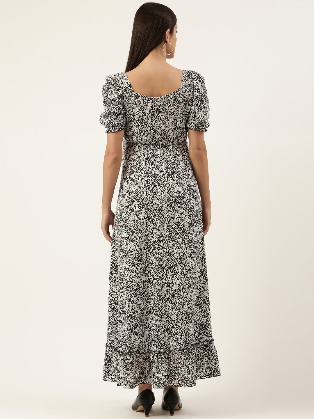 Women Crepe Puff Sleeves Tiered Maxi Dress