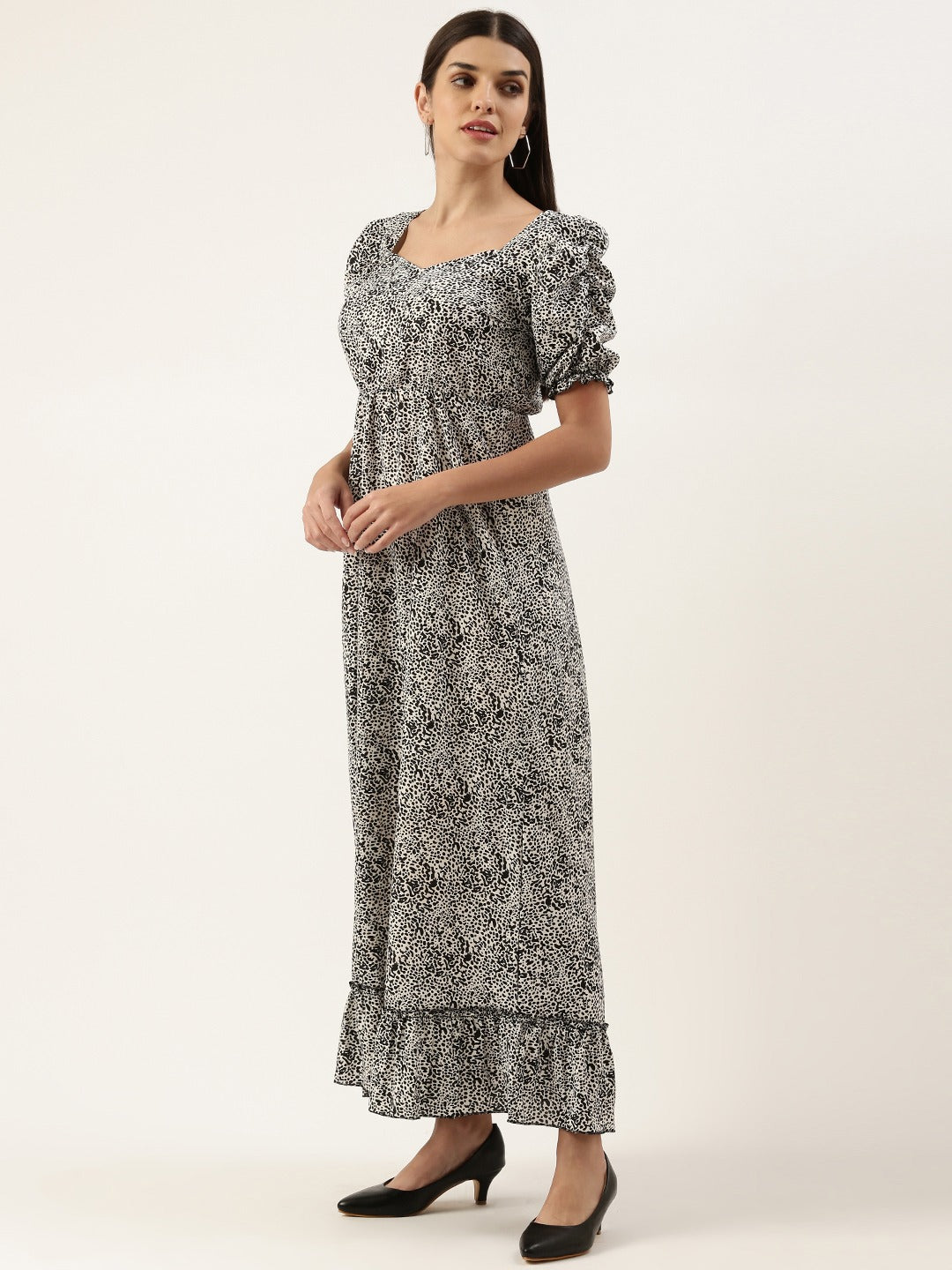 Women Crepe Puff Sleeves Tiered Maxi Dress