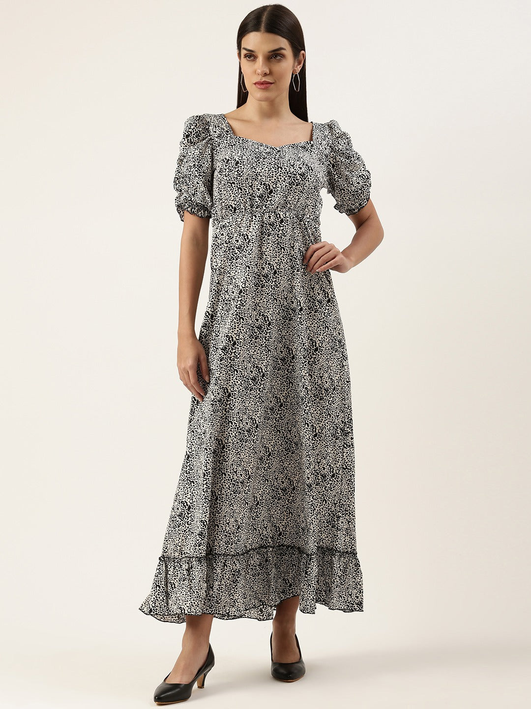 Women Crepe Puff Sleeves Tiered Maxi Dress