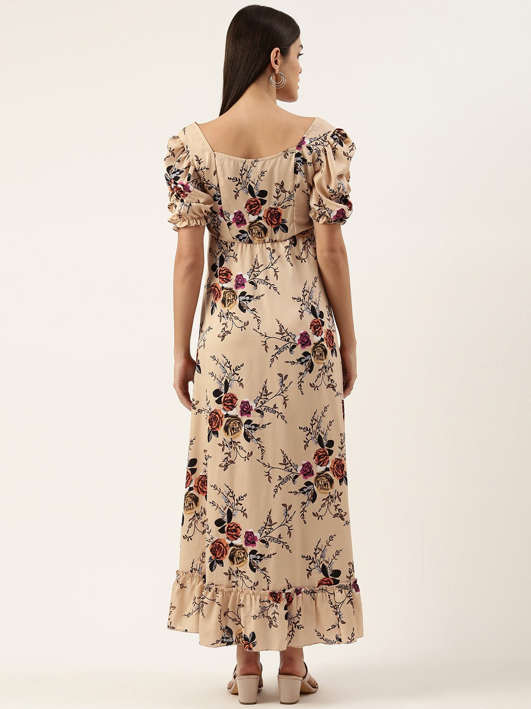 Women Crepe Puff Sleeves Tiered Maxi Dress