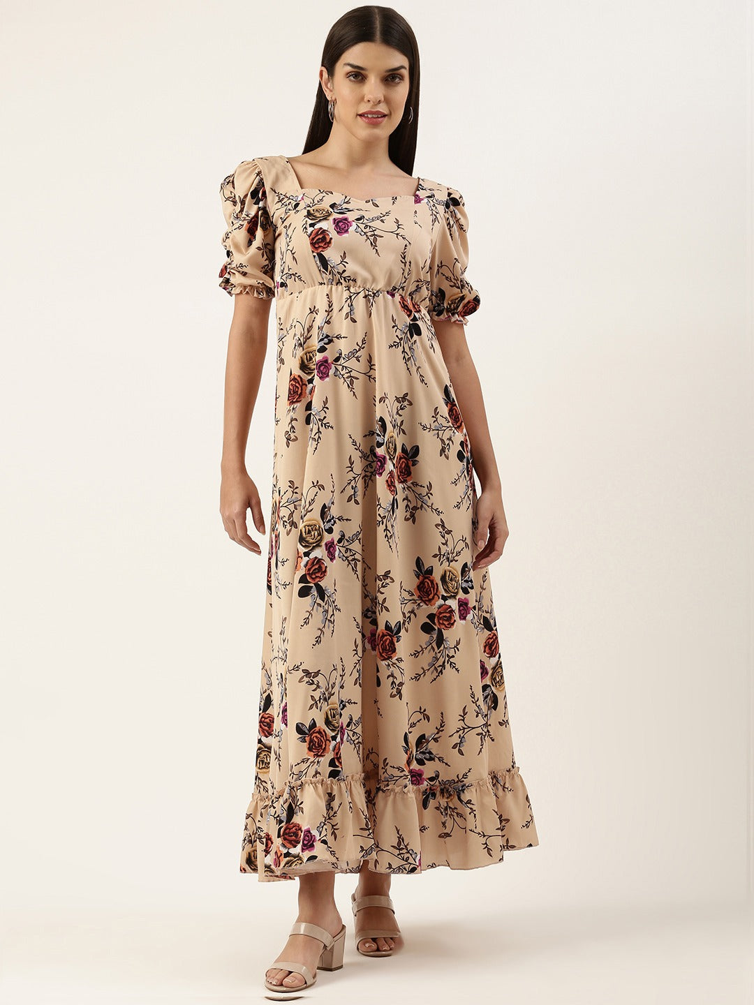 Women Crepe Puff Sleeves Tiered Maxi Dress