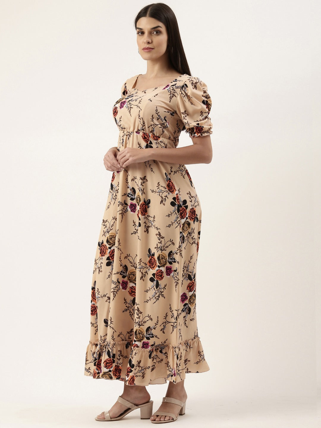 Women Crepe Puff Sleeves Tiered Maxi Dress