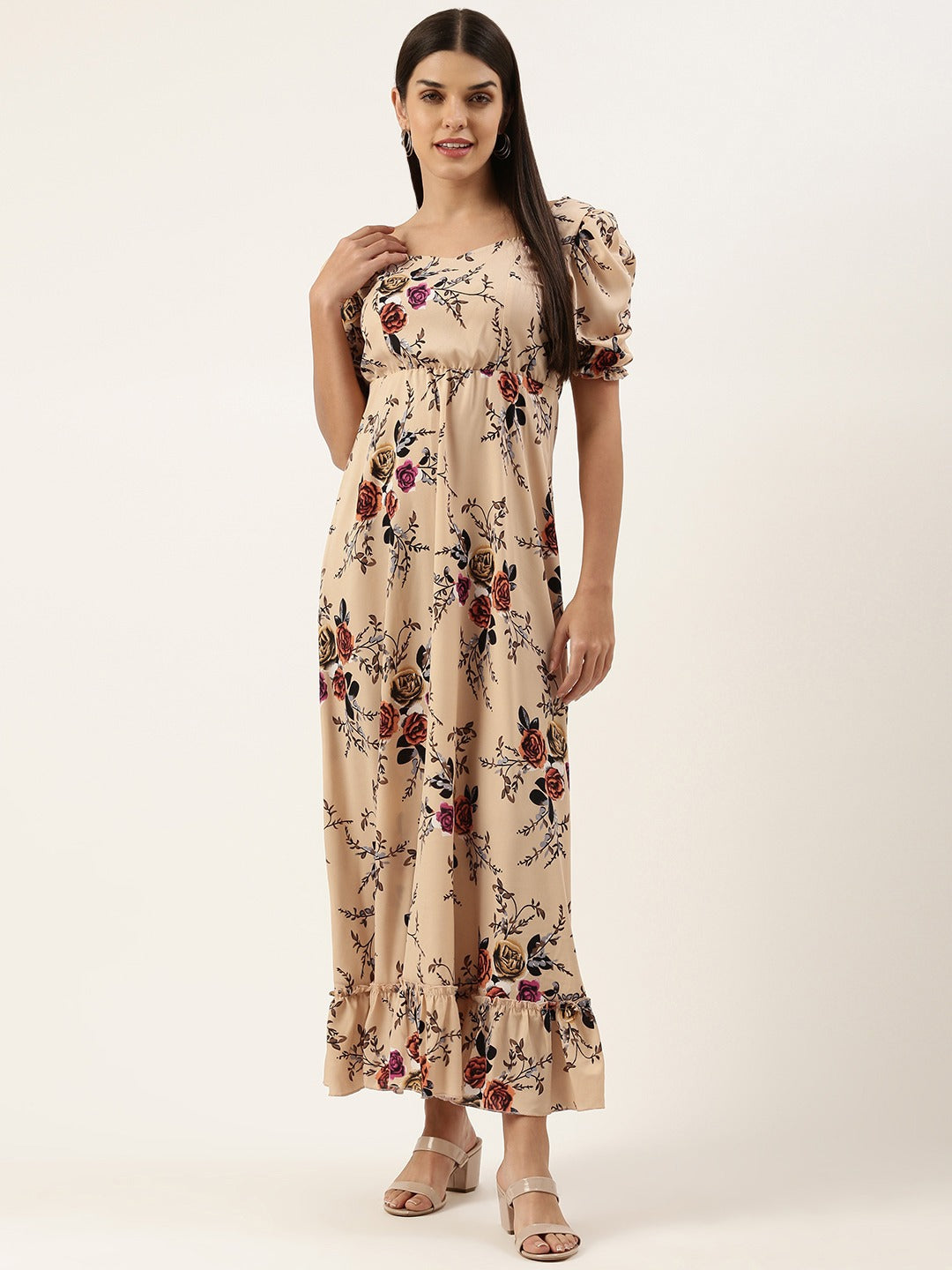Women Crepe Puff Sleeves Tiered Maxi Dress
